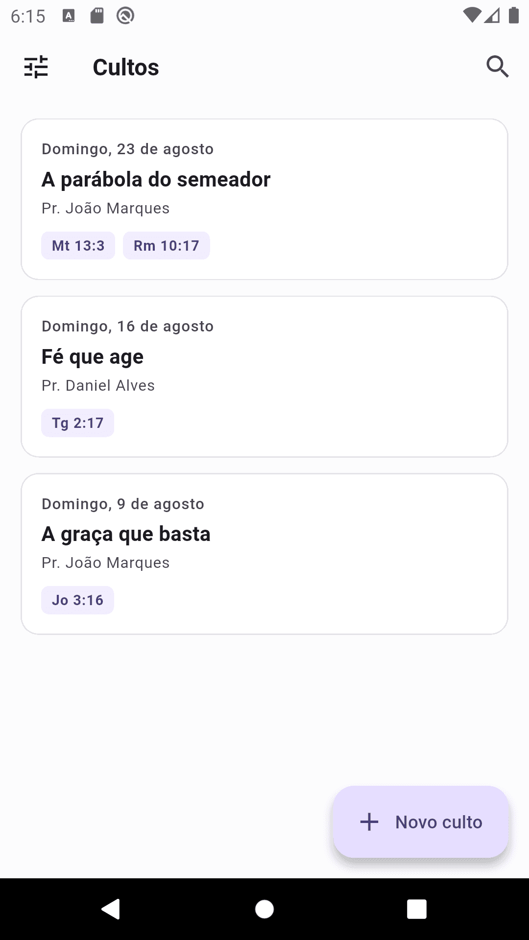Lista de cultos do aplicativo Notas Culto, com data, pregador e igreja